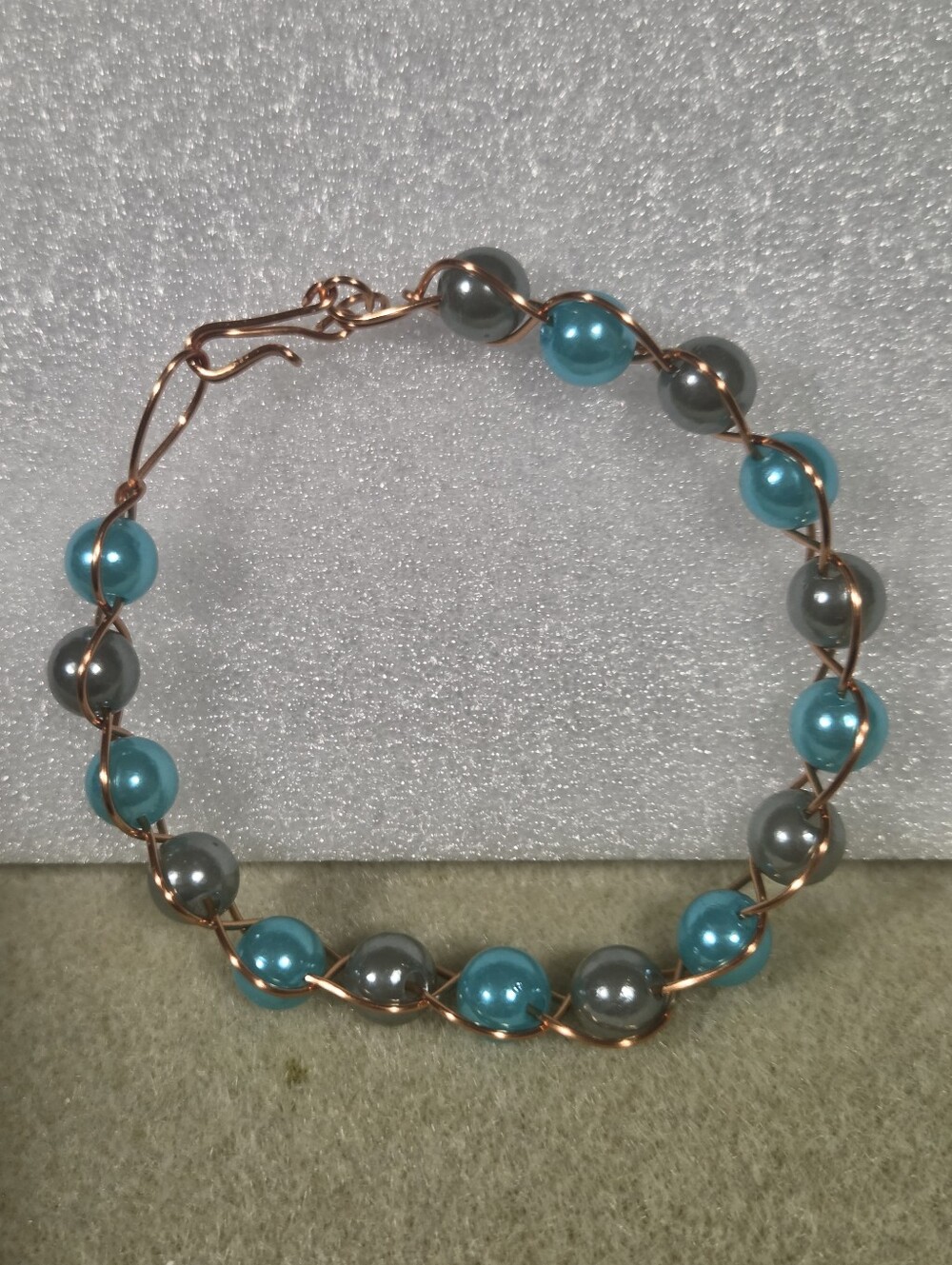 Handcrafted Turquoise & Gray Beaded Wire Bracelet